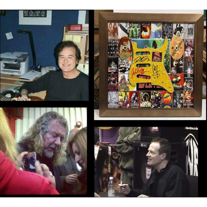Led Zeppelin Jimmy Page,  John Paul Jones,  Robert Plant Stratocaster electric guitar pickguard signed with proof and museum quality frame