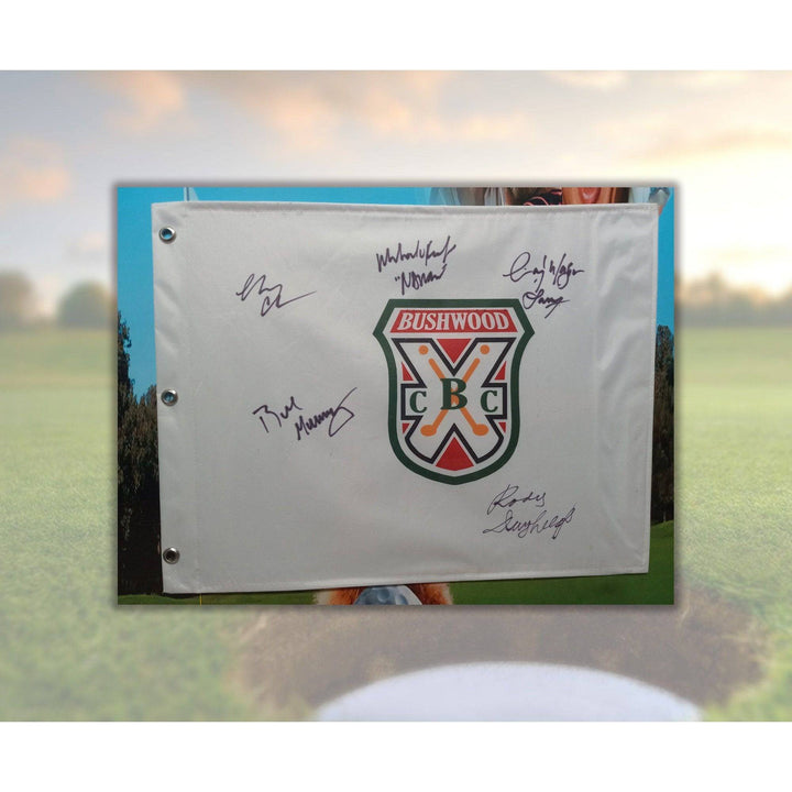 Caddyshack 32x26 Bill Murray, Rodney Dangerfield, Chevy Chase cast signed pin flag with proof - Awesome Artifacts 