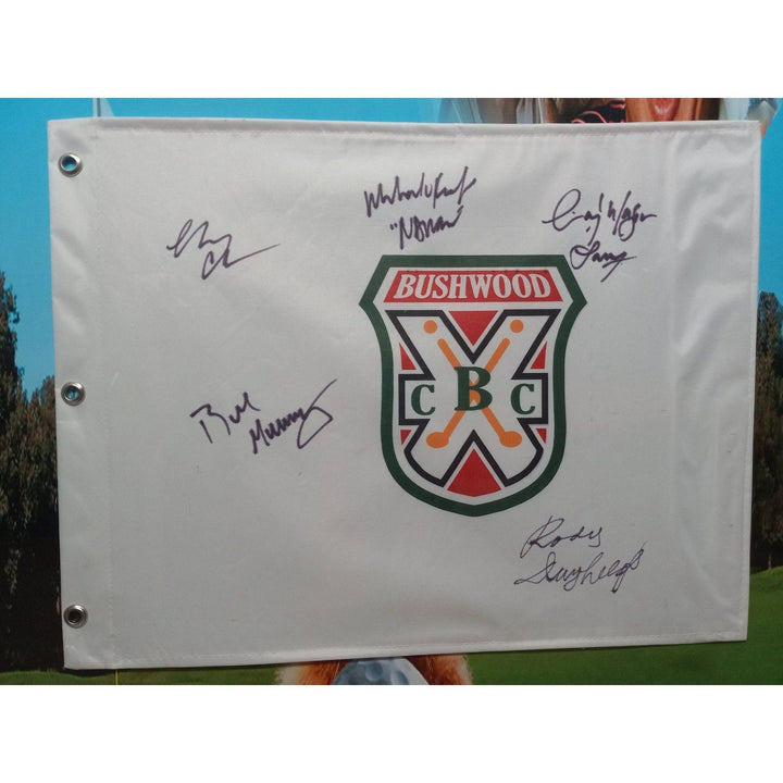 Caddyshack 32x26 Bill Murray, Rodney Dangerfield, Chevy Chase cast signed pin flag with proof - Awesome Artifacts 