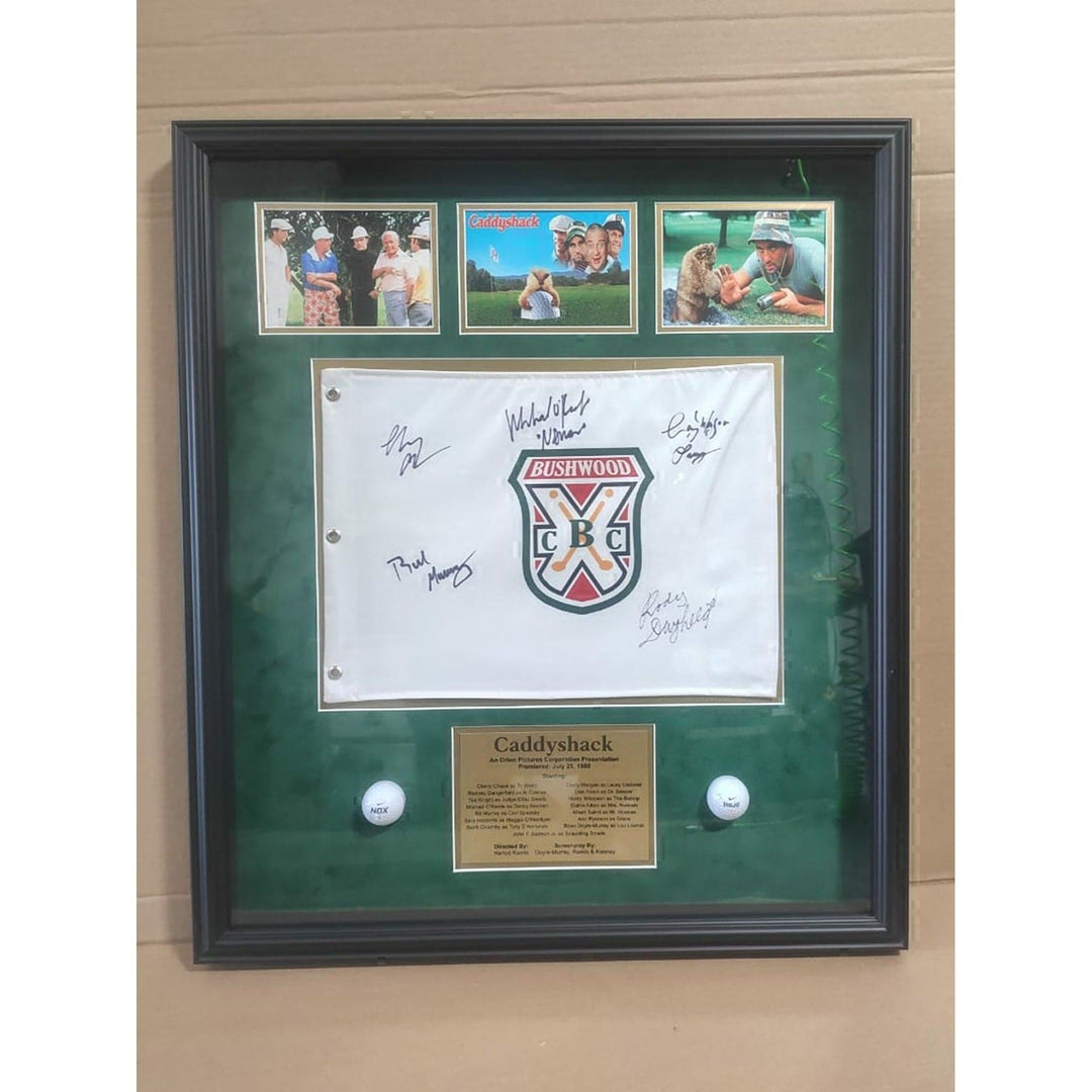 Caddyshack Bill Murray, Rodney Dangerfield, Chevy Chase golf pin flag signed and framed with proof