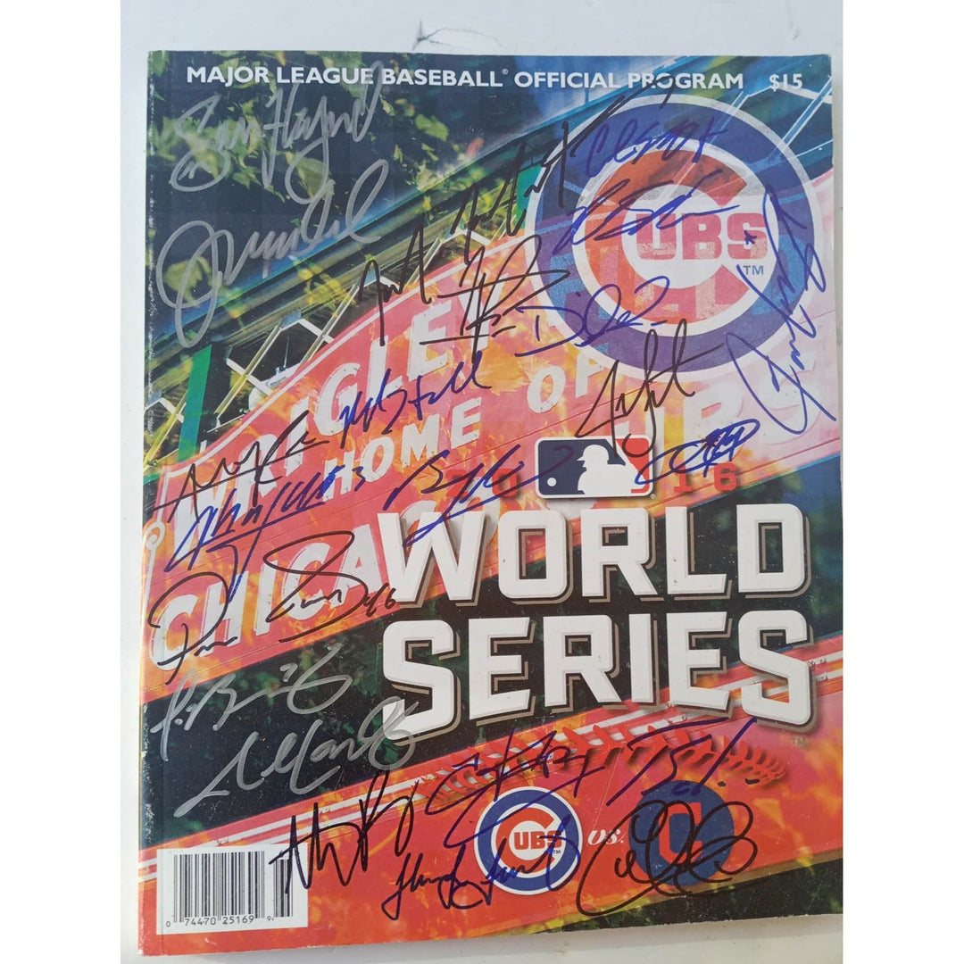 Chicago Cubs Ben Zobrist, Joe Maddon, Anthony Rizzo, World Series program signed with proof