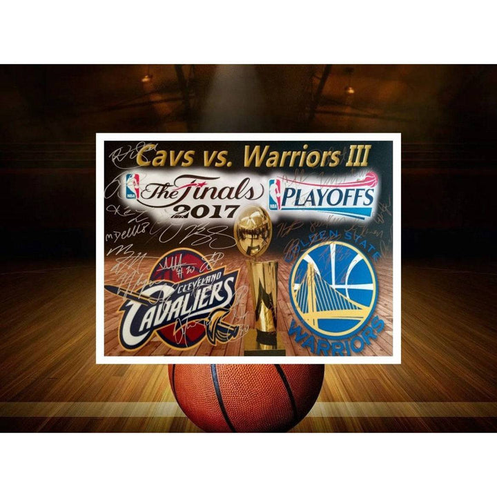 Golden State Warriors Cleveland Cavaliers LeBron James Steph Curry Kyrie Irving 2017 team signed