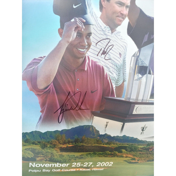 Grand Slam of golf 36in x 22in poster Tiger Woods, Davis Love, Justin Leonard and Rich Beem signed with proof