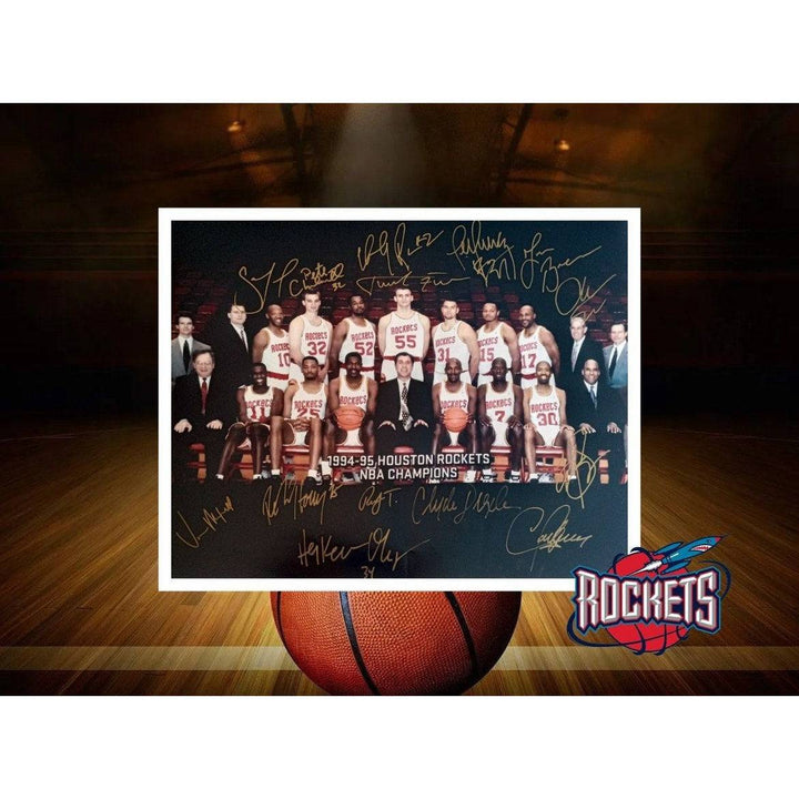 Houston Rockets Hakeem Olajuwon Robert Horry Clyde Drexler 1994-95 NBA champs 16 x 20 photo signed