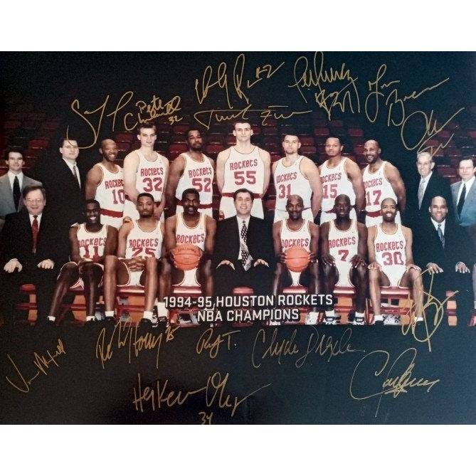 Houston Rockets Hakeem Olajuwon Robert Horry Clyde Drexler 1994-95 NBA champs 16 x 20 photo signed