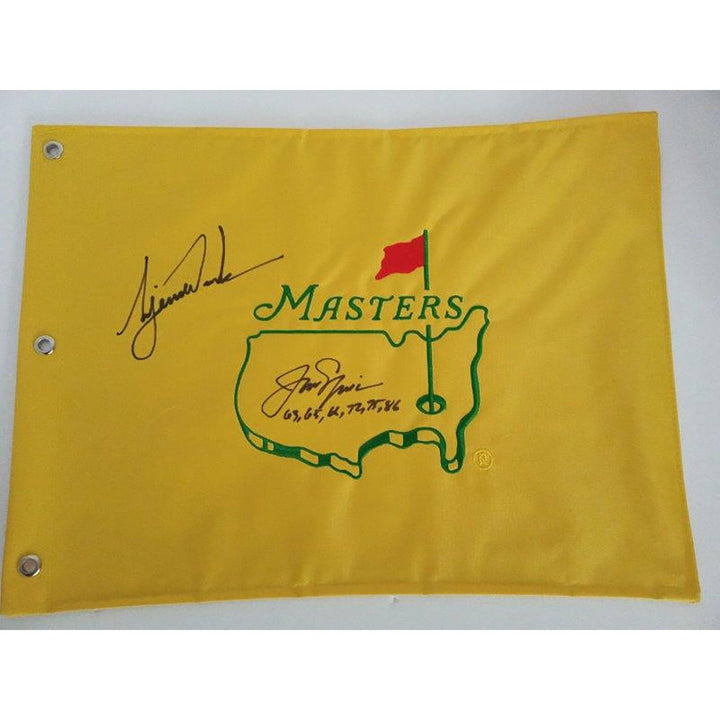 Jack Nicklaus and Tiger Woods Masters pin flag signed with proof