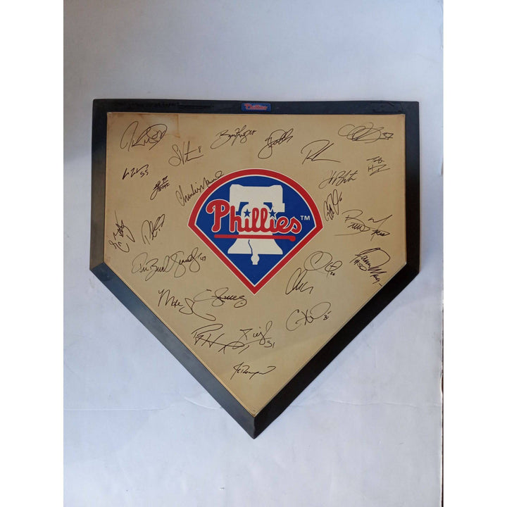 Philadelphia Phillies World Series champions Jimmy Rollins, Ryan Howard, Cole Hamels, full size authentic home plate w logo signed w proof