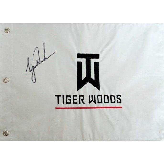 Tiger Woods embroidered Tiger logo statistic flag signed with proof