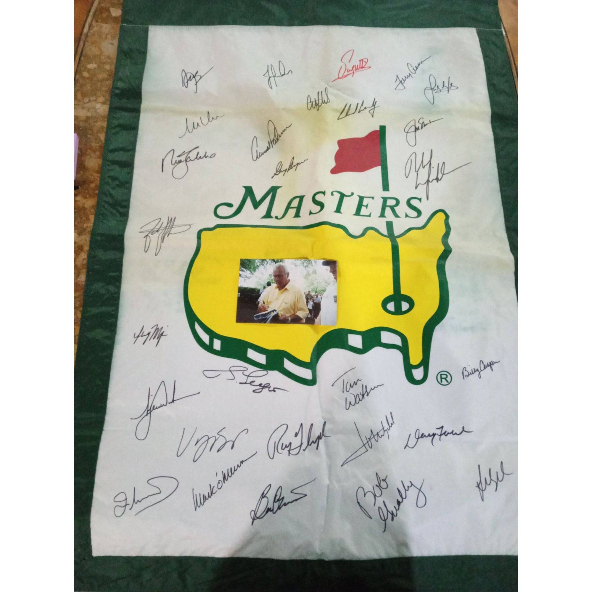 Tiger Woods, Jack Nicklaus, Phil Mickelson signed Masters golf banner with proof - Awesome Artifacts 