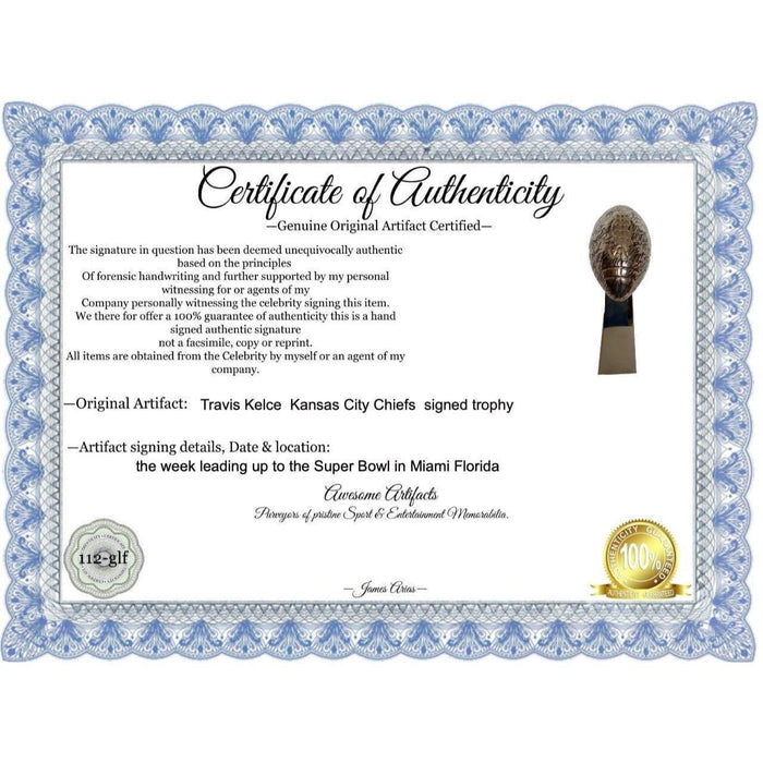 Certificate of Authenticity for Travis Kelce  Kansas City Chiefs Signed Trophy