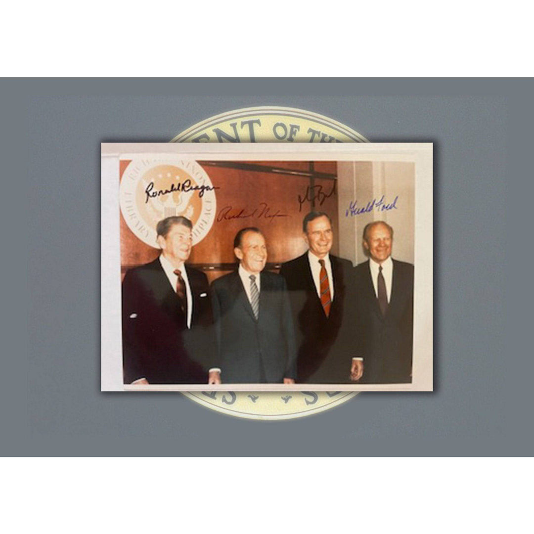 Richard Nixon, Ronald Reagan, George H Bush, Gerald Ford 8 x 10 signed photo with proof - Awesome Artifacts 