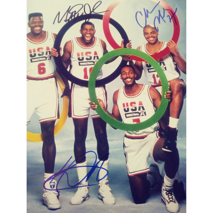 Michael Jordan, Magic Johnson, Charles Barkley, Patrick Ewing, Karl Malone 11 by 14 photo  signed - Awesome Artifacts 