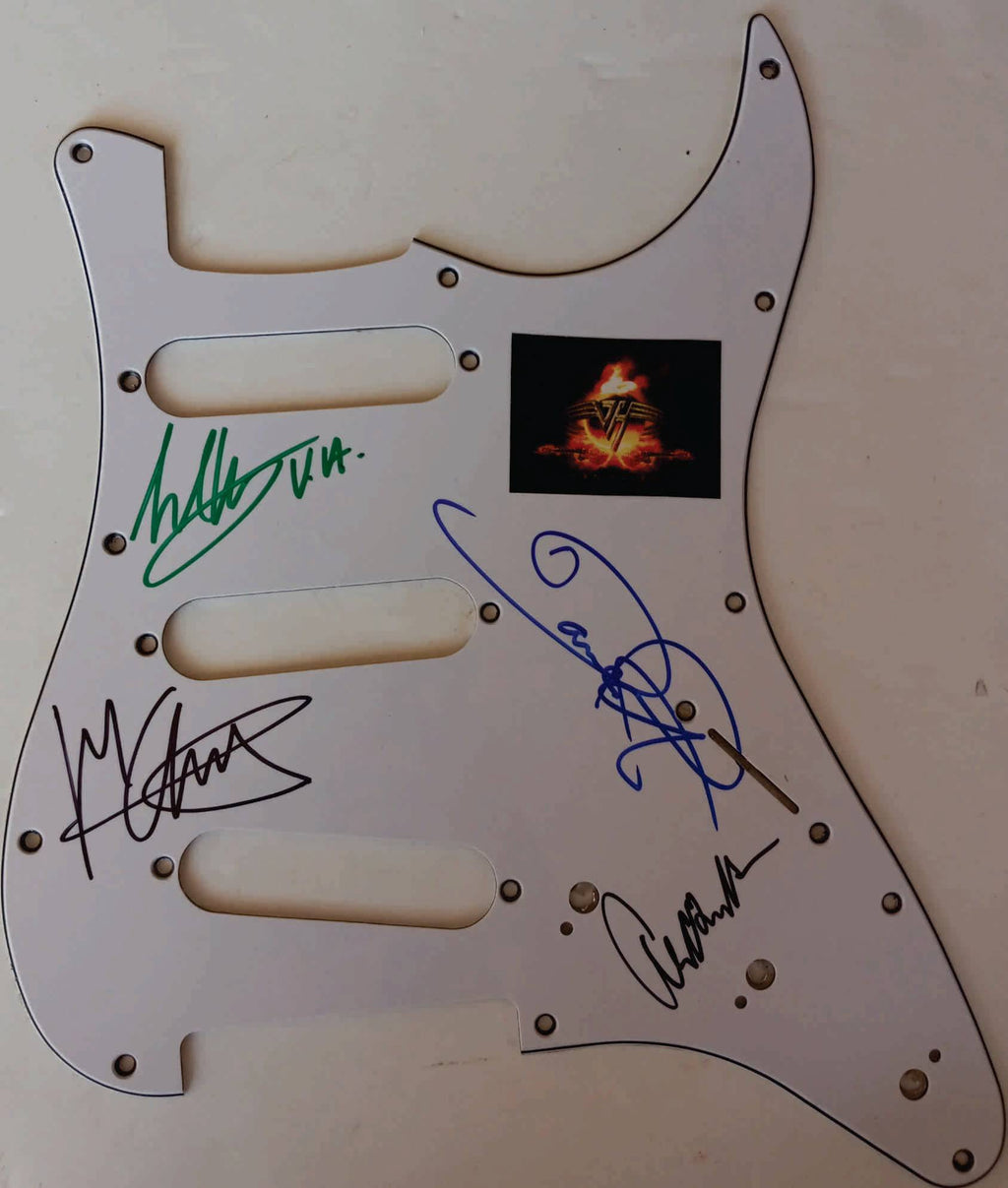 Eddie Van Halen, David Lee Roth, Michael Anthony, Allex Van Halen guitar pickguard signed with proof