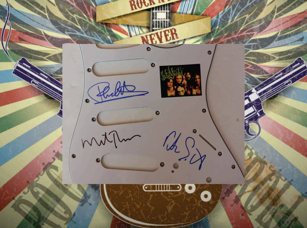 Genesis Peter Gabriel, Phil Collins, Tony Banks, and Mike Rutherford guitar pick guard signed with proof