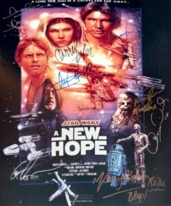 Star Wars A New Hope Carrie Fisher Mark Hamill Harrison Ford George Lucas 16 x 20 photo signed with proof - Awesome Artifacts 