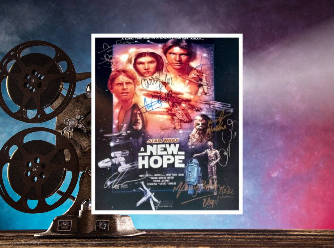 Star Wars A New Hope Carrie Fisher Mark Hamill Harrison Ford George Lucas 16 x 20 photo signed with proof - Awesome Artifacts 