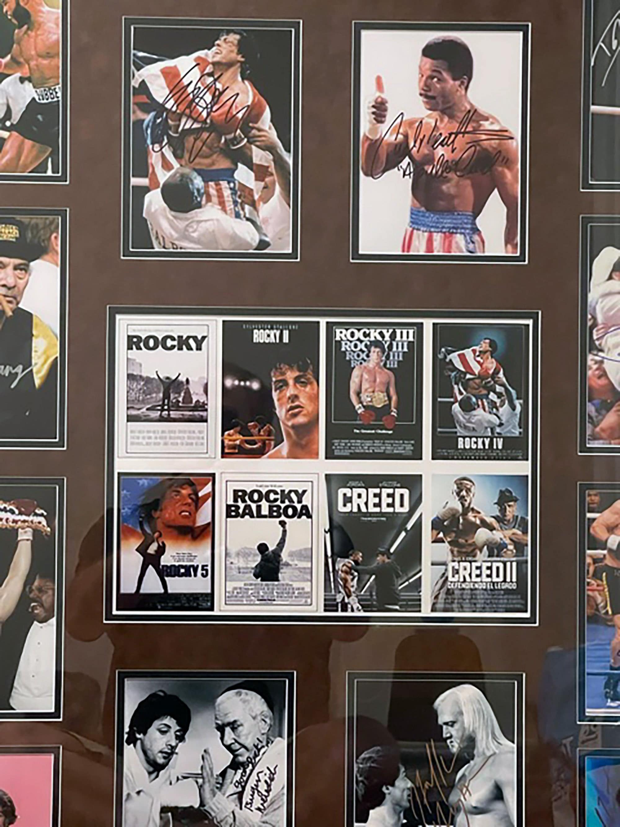 Rocky Sylvester Stallone, Burgess Meredith, Carl Weathers signed and framed cast signed  and framed with proof