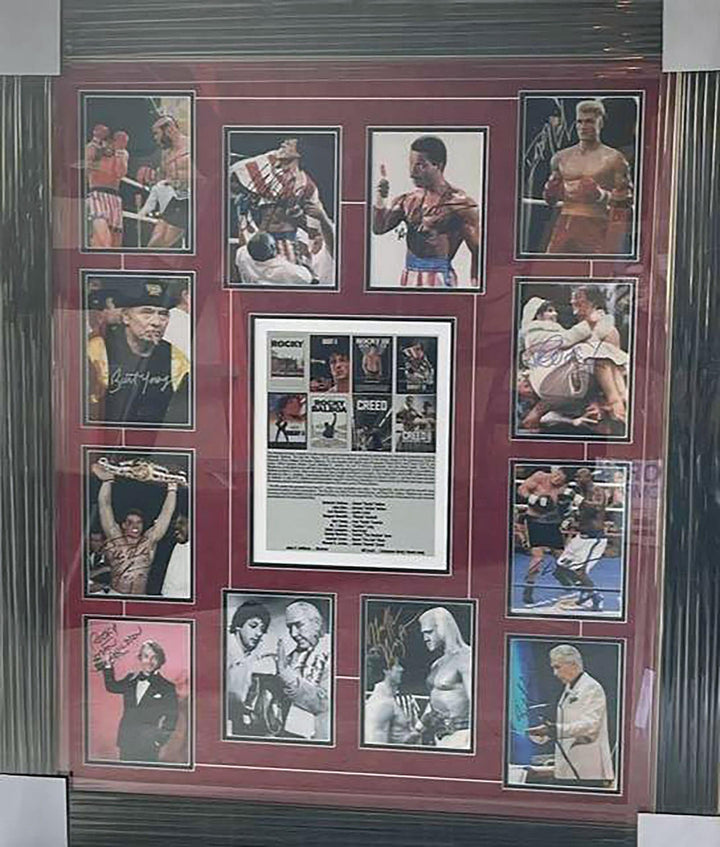 Rocky Sylvester Stallone, Burgess Meredith, Carl Weathers signed and framed cast signed  and framed with proof - Awesome Artifacts 