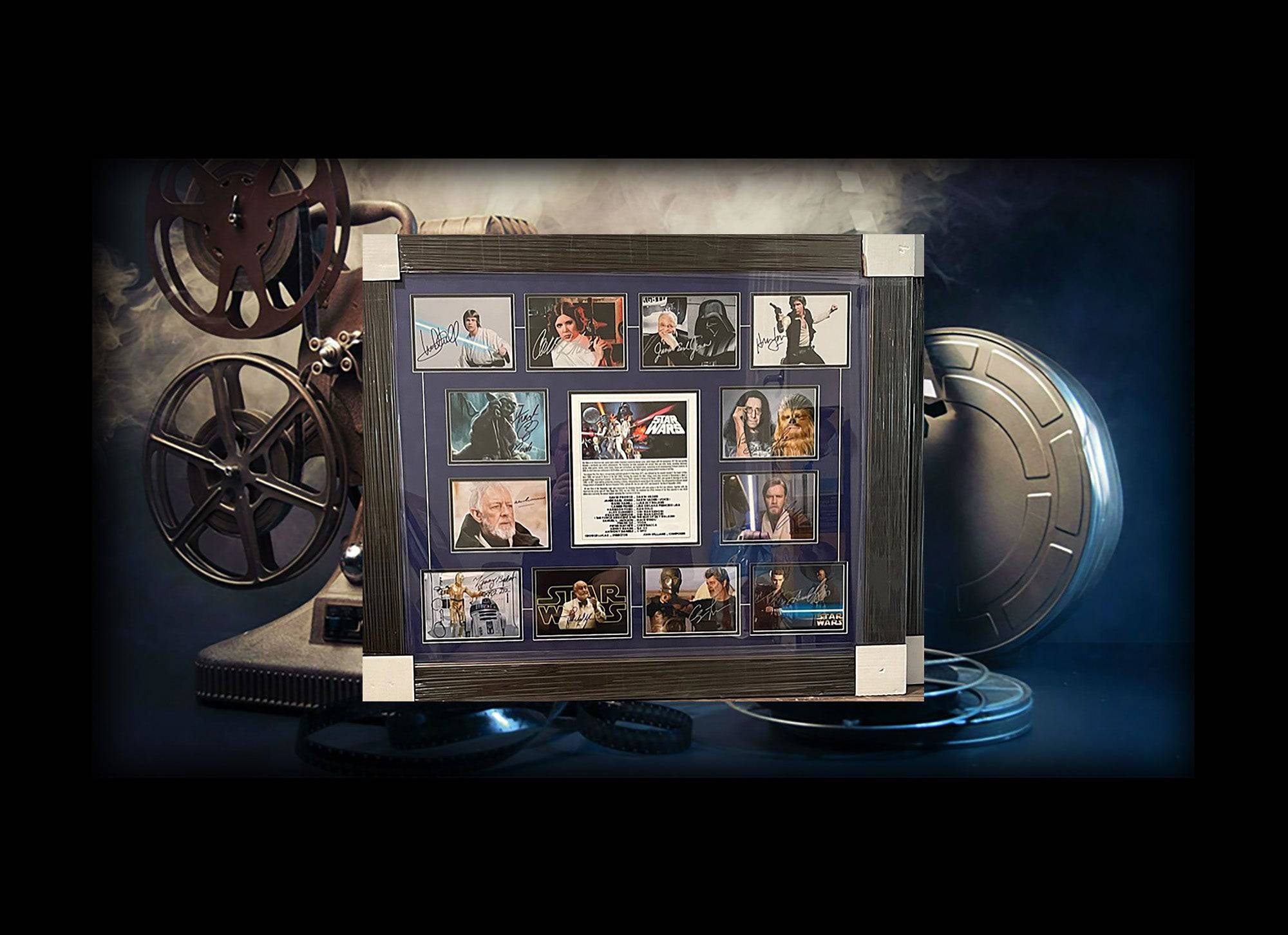 Star Wars Cast Signed George Lucas, Carrie Fisher, Harrison Ford framed photo collection with proof