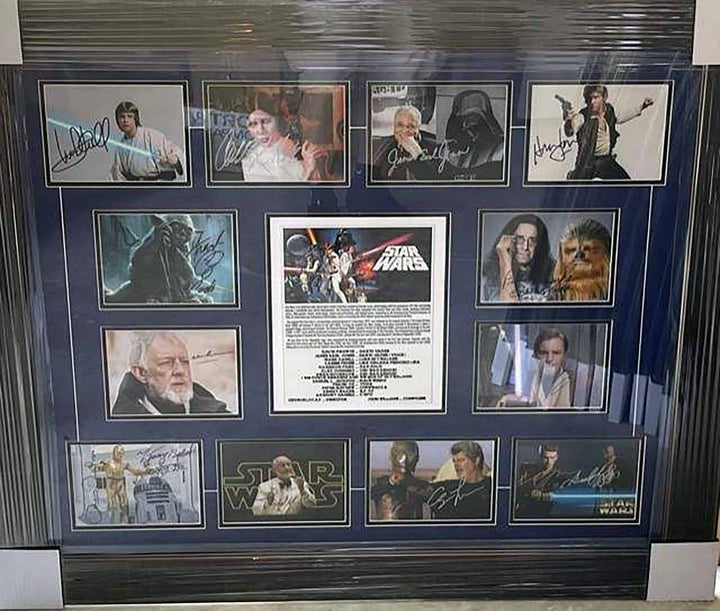 Star Wars Cast Signed George Lucas, Carrie Fisher, Harrison Ford framed photo collection with proof - Awesome Artifacts 