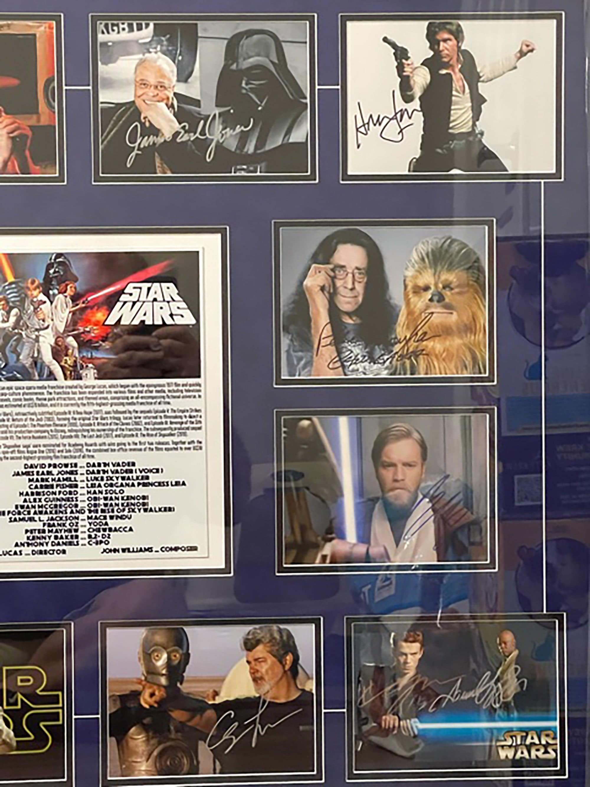 Star Wars Cast Signed George Lucas, Carrie Fisher, Harrison Ford framed photo collection with proof