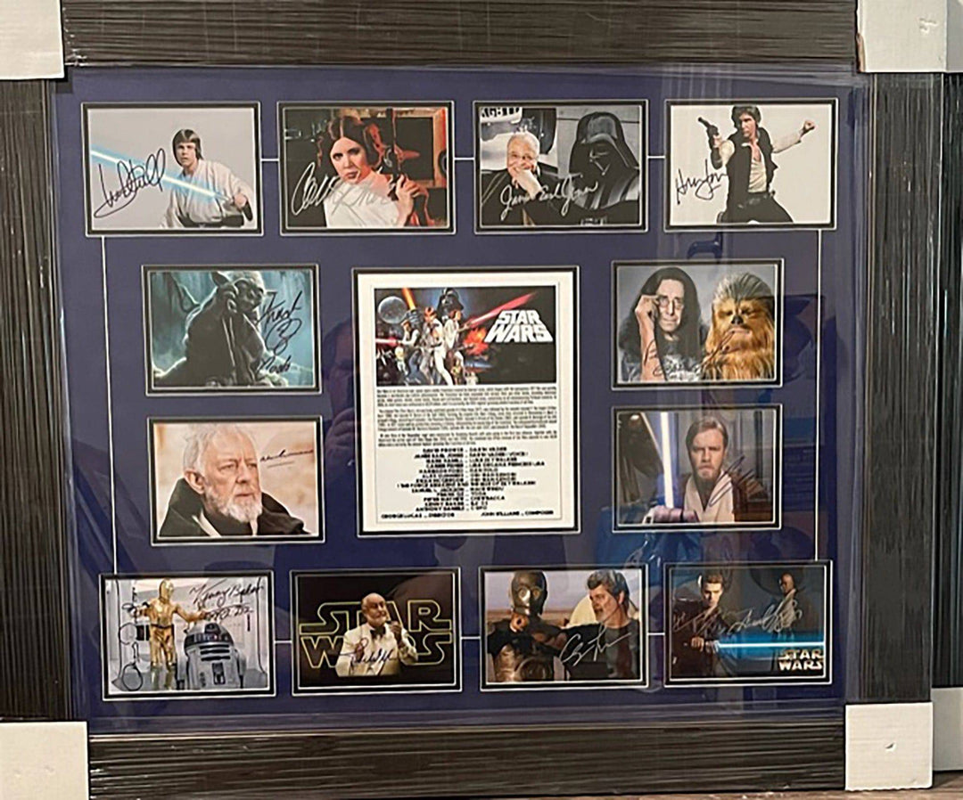 Star Wars Cast Signed George Lucas, Carrie Fisher, Harrison Ford framed photo collection with proof - Awesome Artifacts 