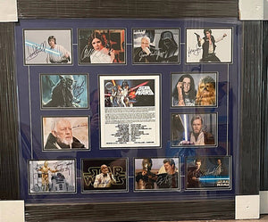 Star Wars Cast Signed George Lucas, Carrie Fisher, Harrison Ford framed photo collection with proof