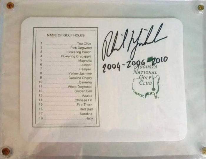 Phil Mickelson Masters golf scorecard signed and inscribed with proof