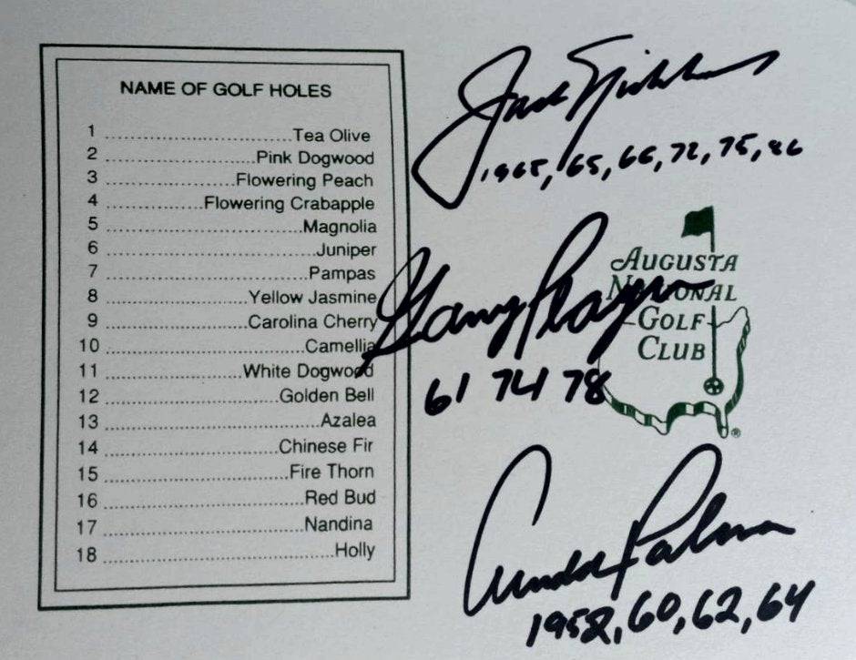 Arnold Palmer Gary Player Jack Nicklaus Masters Golf scorecard signed with proof - Awesome Artifacts 