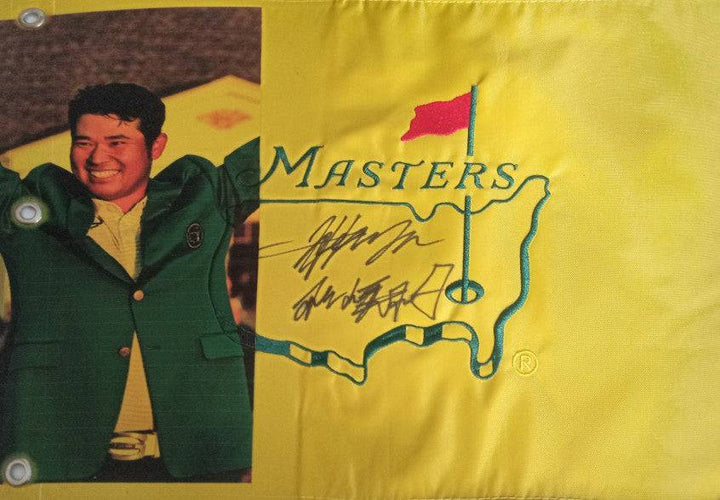 Hideki Matsuyama one-of-a-kind Masters embroidered masters golf pin flag signed with proof - Awesome Artifacts 