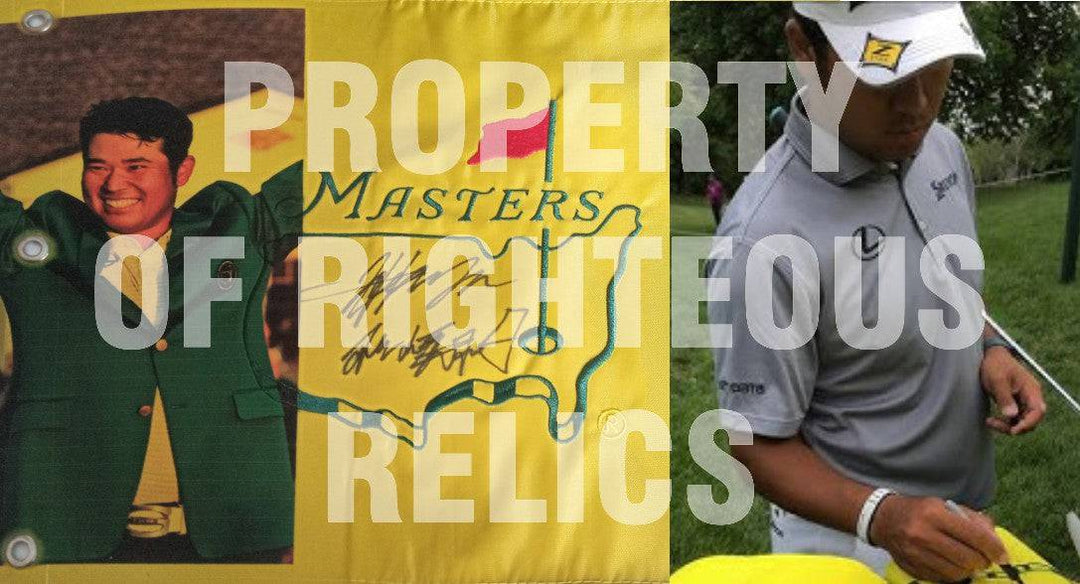 Hideki Matsuyama one-of-a-kind Masters embroidered masters golf pin flag signed with proof - Awesome Artifacts 