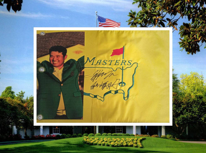 Hideki Matsuyama one-of-a-kind Masters embroidered masters golf pin flag signed with proof - Awesome Artifacts 