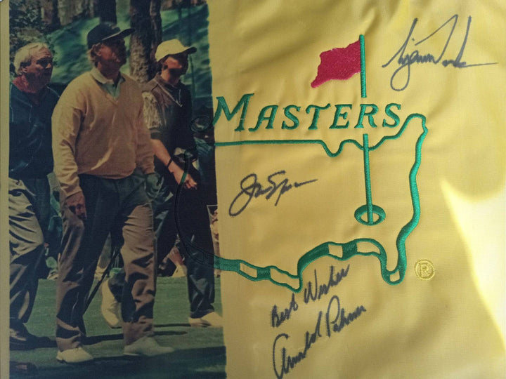 Jack Nicklaus Tiger Woods Arnold Palmer One of a Kind Masters pin flag signed with proof - Awesome Artifacts 