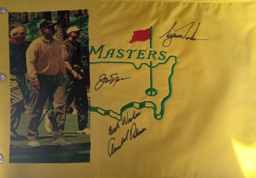 Jack Nicklaus Tiger Woods Arnold Palmer One of a Kind Masters pin flag signed with proof - Awesome Artifacts 