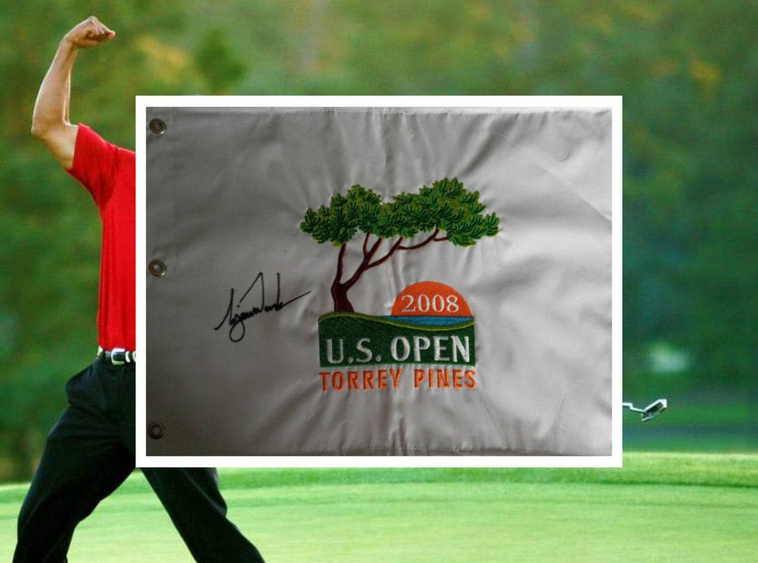 Tiger Woods 2008 US Open embroidered flag signed with proof - Awesome Artifacts 