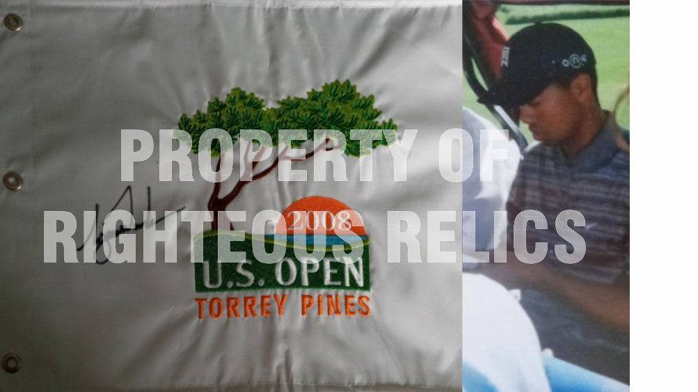 Tiger Woods 2008 US Open embroidered flag signed with proof - Awesome Artifacts 