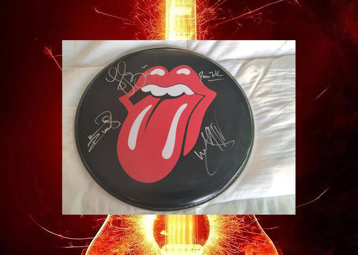 Charlie Watts, Keith Richards, Mick Jagger, Ronnie Wood 14in drum head signed with proof - Awesome Artifacts 