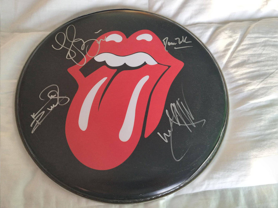 Charlie Watts, Keith Richards, Mick Jagger, Ronnie Wood 14in drum head signed with proof - Awesome Artifacts 