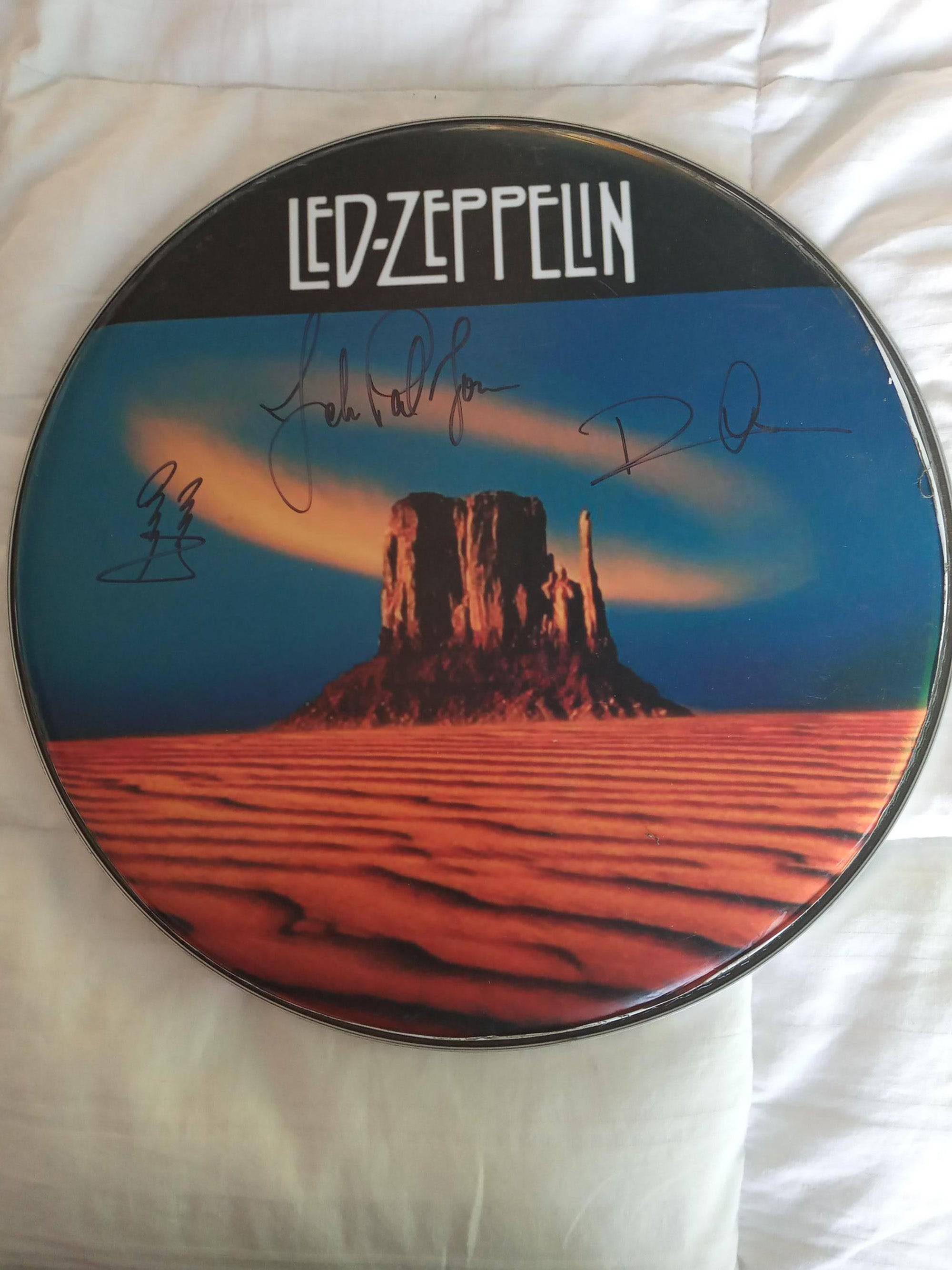 Led Zeppelin 14in drumhead signed with proof - Awesome Artifacts 