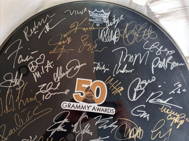 Michael Jackson, Paul McCartney, 40 music icons Grammy signed drum head with proof - Awesome Artifacts 