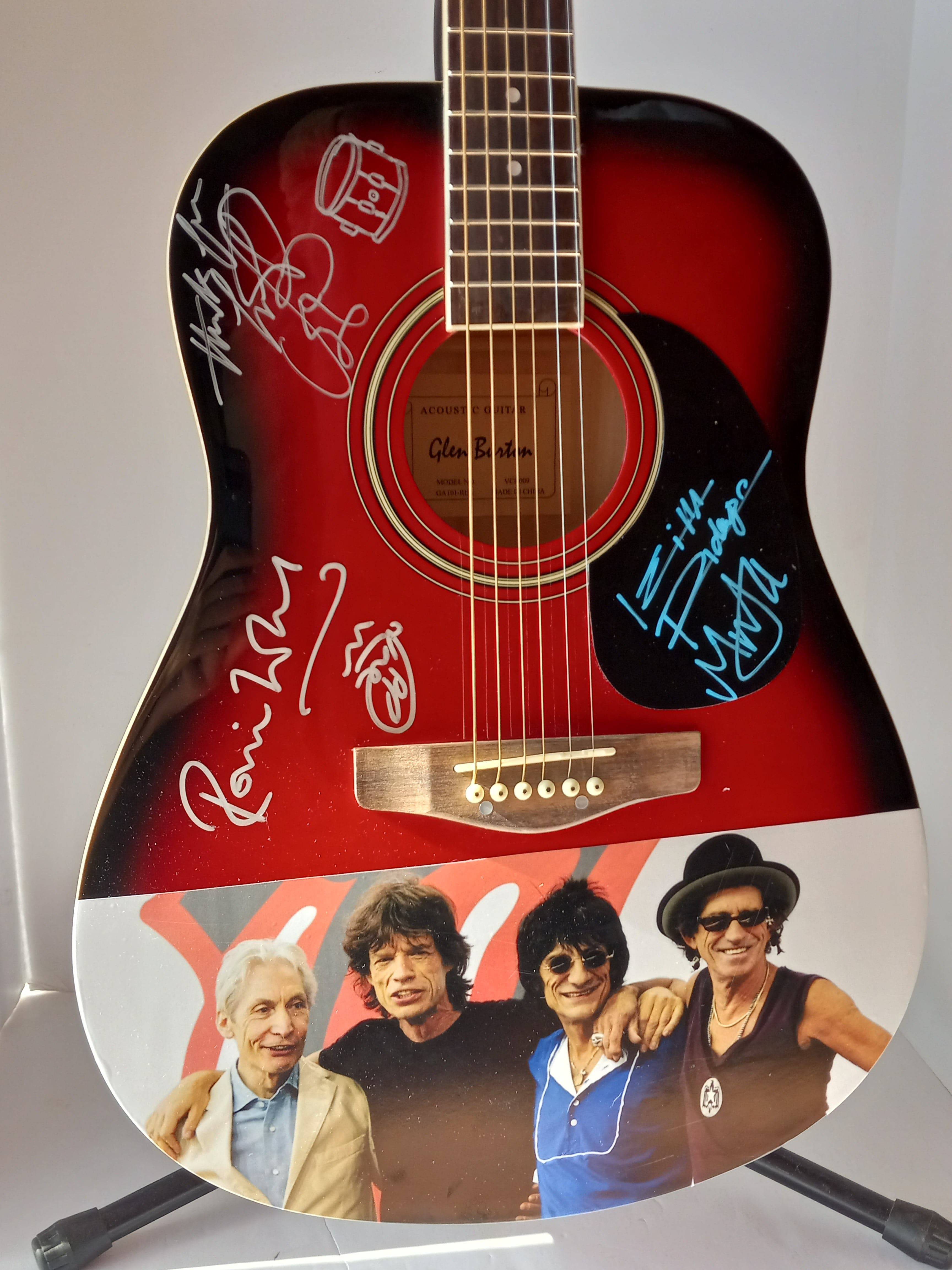 Mick Jagger, Charlie Watts, Keith Richards, Ronnie Wood one of a kind guitar signed with proof - Awesome Artifacts 