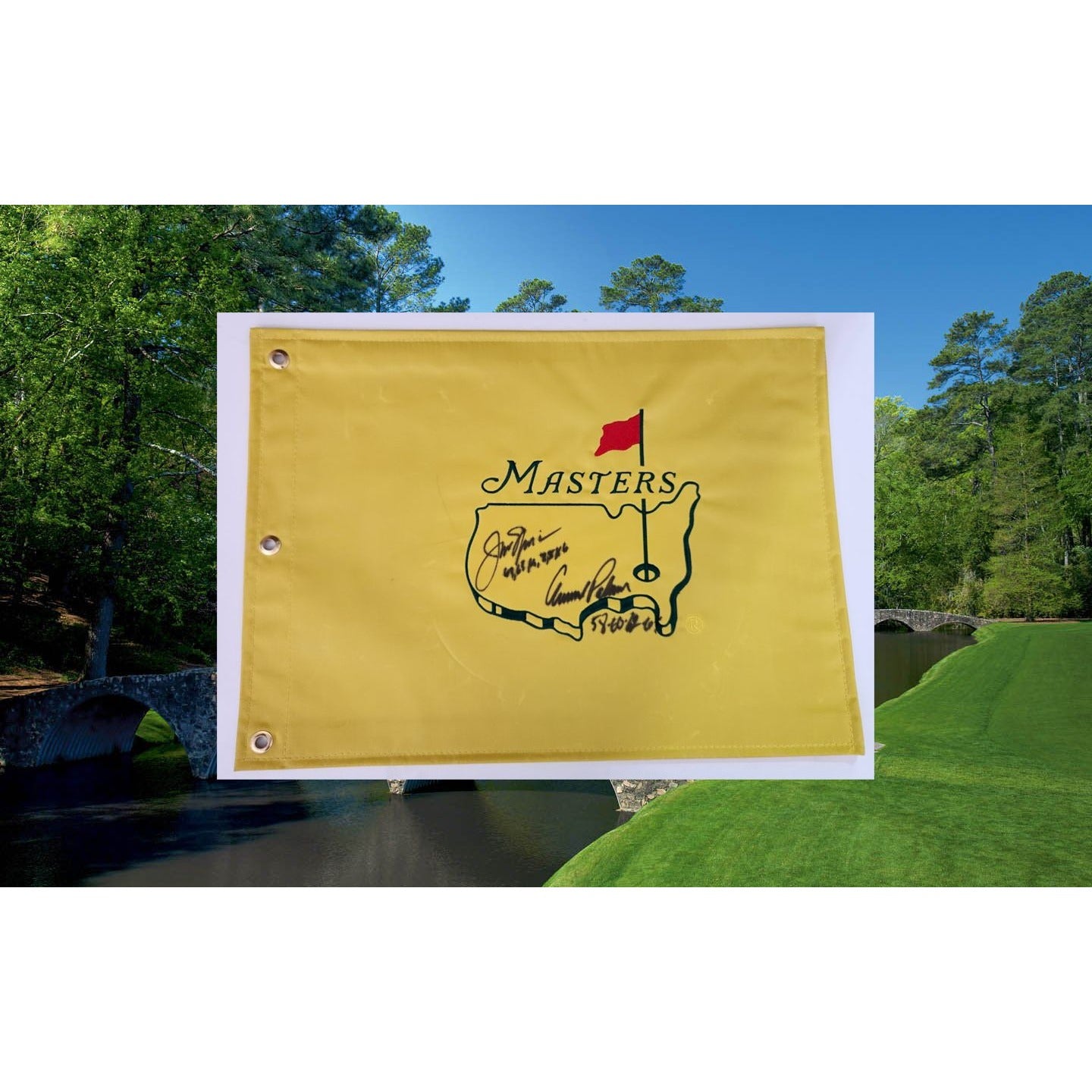 Jack Nichlaus and Arnold Palmer Masters Golf pin flag sign with proof