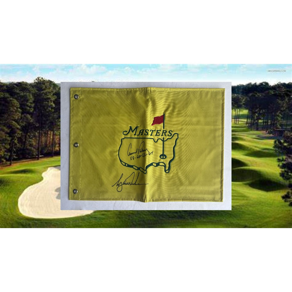 Arnold Palmer signed with Masters Victory inscription and Tiger Woods Masters embroidered pin flag signed with proof