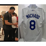 Load image into Gallery viewer, Manny Machado Los Angeles Dodgers Size 52 game model embroidered jersey signed with proof
