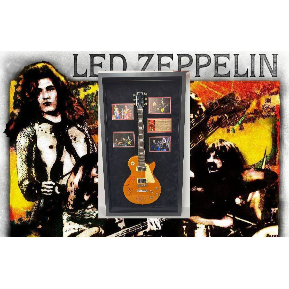 Led Zeppelin Jimmy Page Robert Plant John Paul Jones gold electric less Paul like Jimmy played  signed and framed with proof