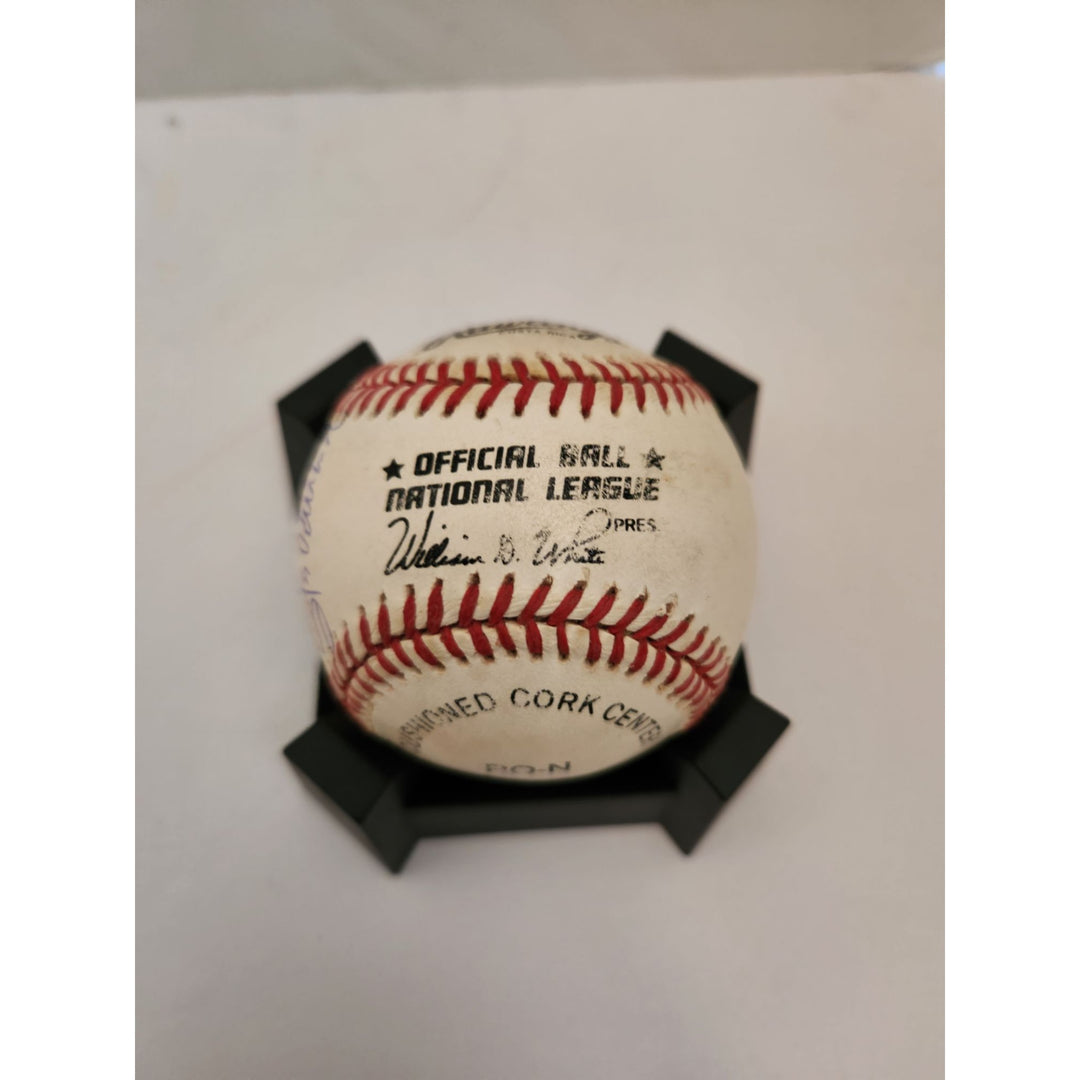 Ozzie Smith Lou Brock Bob Gibson Stan Mutual official Rawlings MLB baseball signed with proof free acrylic display case