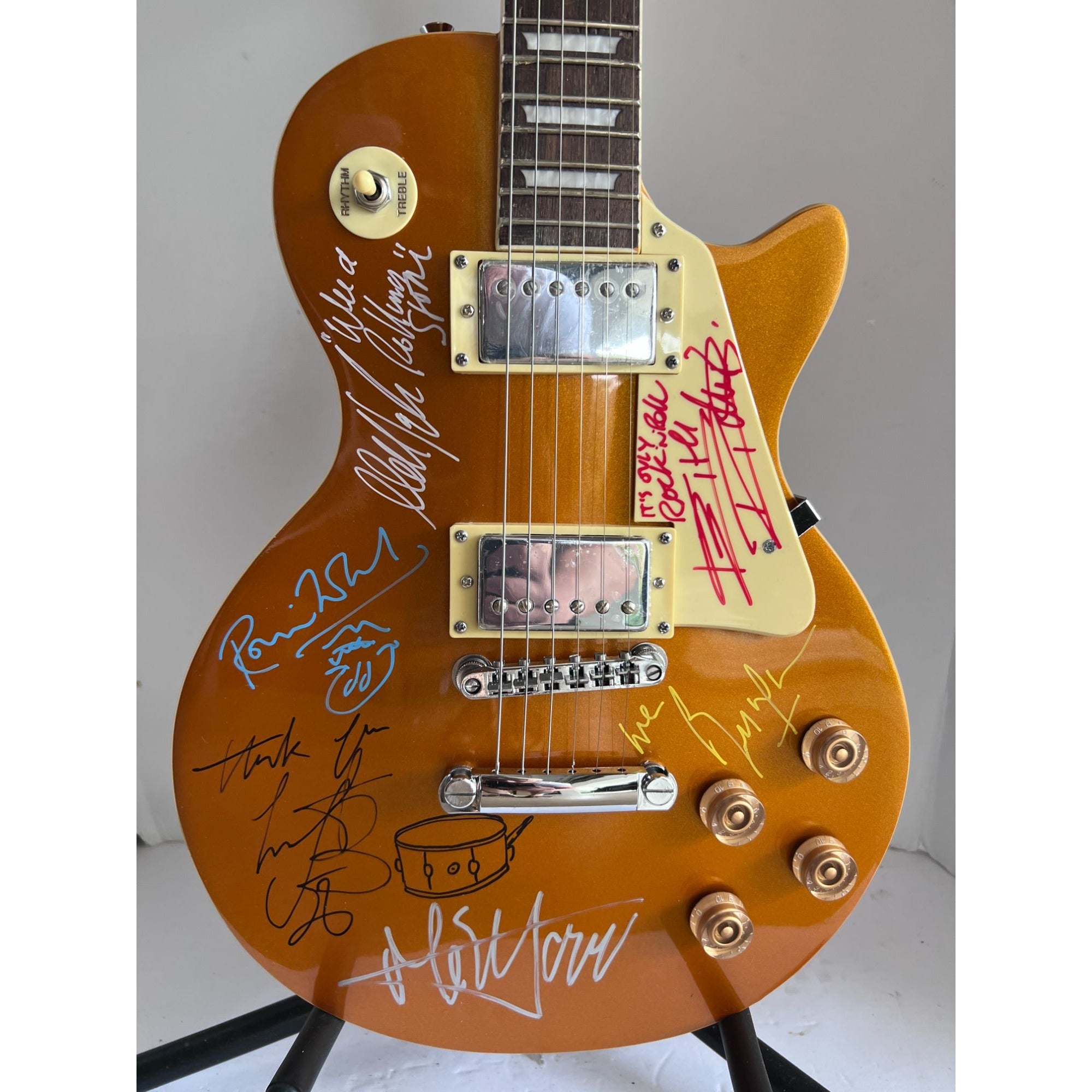 Rolling Stones, Mick Jagger Keith Richards Mick Taylor Bill Wyman Charlie Watts Ronnie Wood gold Les Paul  Electric full size  signed