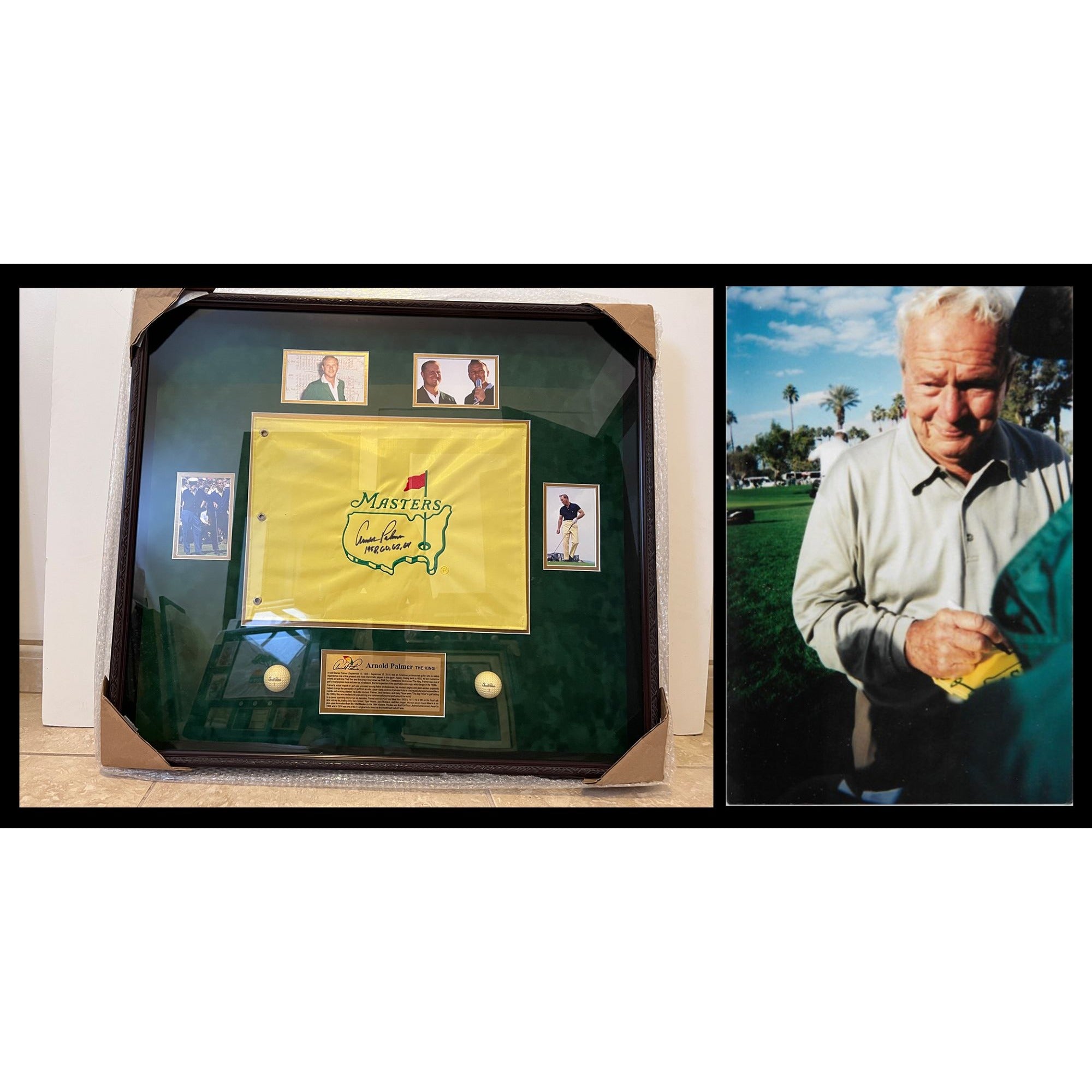 Arnold Palmer Masters pin flag framed 30x34 signed and inscribed with proof