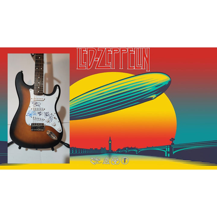 Led Zeppelin Jimmy Page , Robert Plant & John Paul Jones Fender Stratocaster electric guitar signed with proof