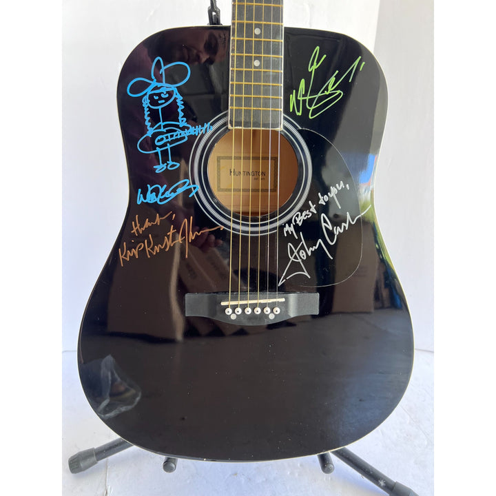 Johnny Cash Waylon Jennings Willie Nelson with Sketch Kris Kristofferson The Highwaymen full size acoustic guitar signed with proof